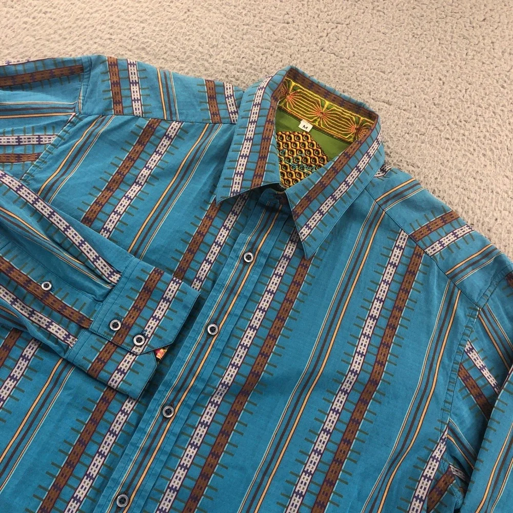 Robert Graham Shirt Mens Medium Bue Stripes Textured Woven Southwest Long Sleeve